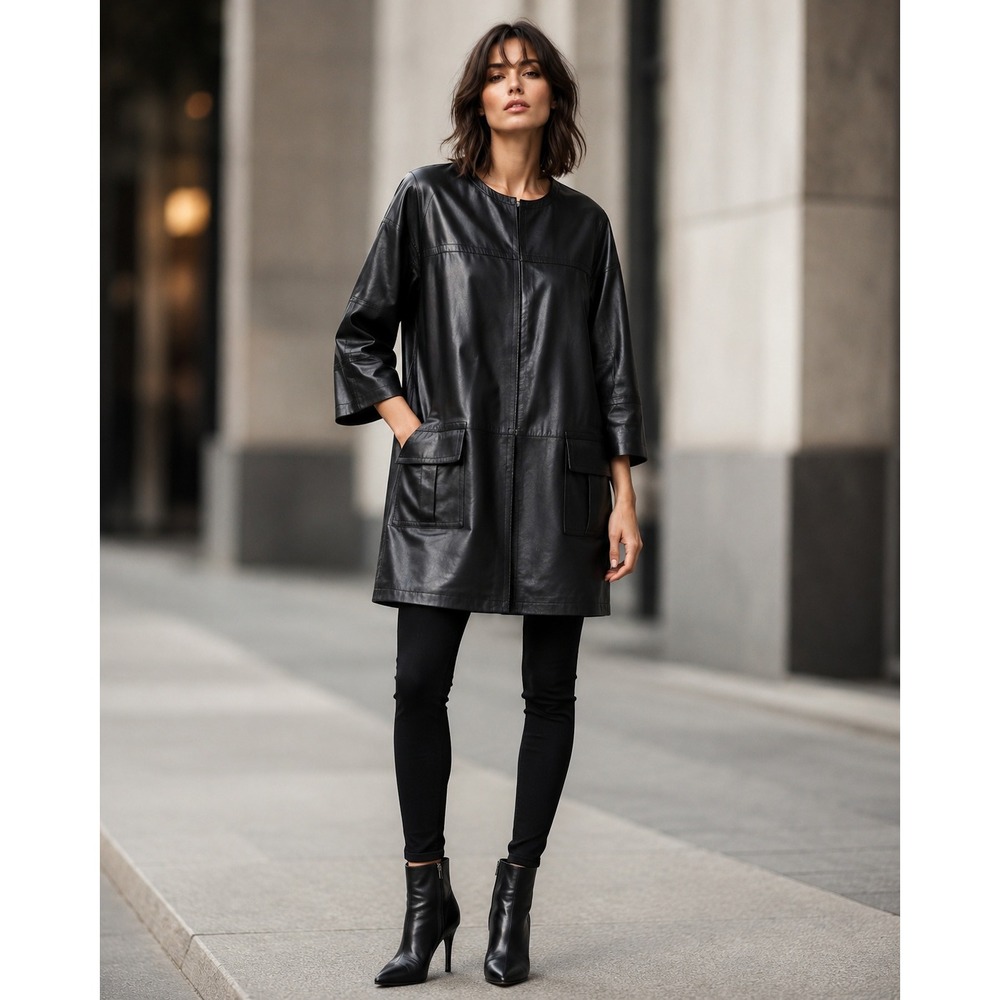 Per Se Edgy Minimalist Black Leather Collarless Coat Jacket 14 Art To Wear City